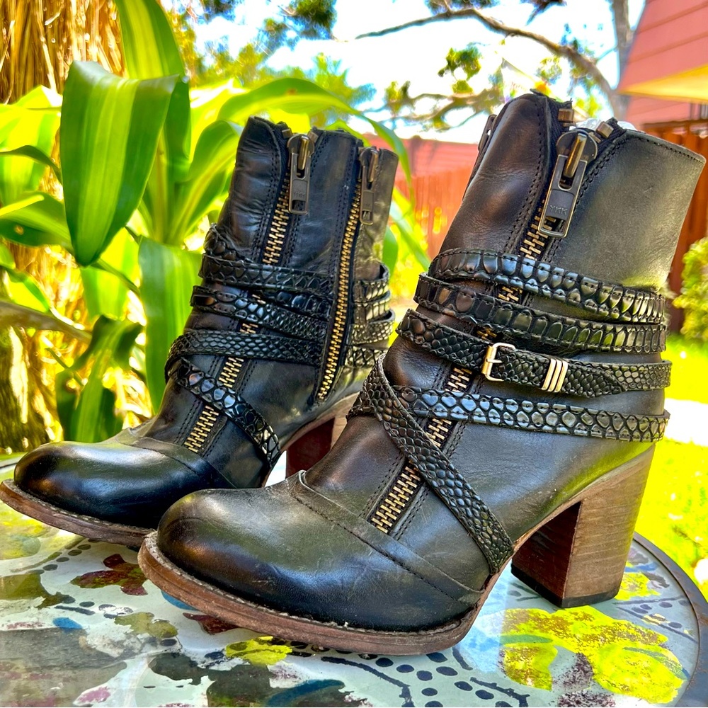 Freebird by Steven Black Leather Strappy Zip Heeled Boots